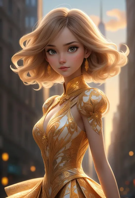 a woman in a gold dress is standing in the middle of a city