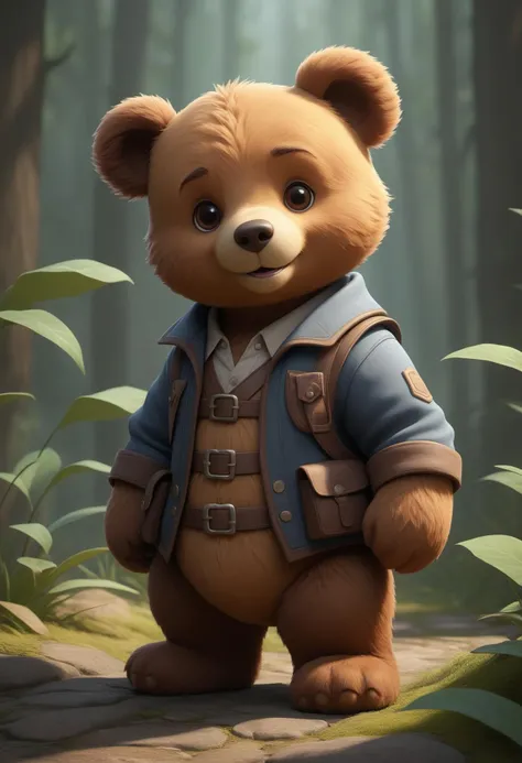 a close up of a teddy bear in a jacket and vest