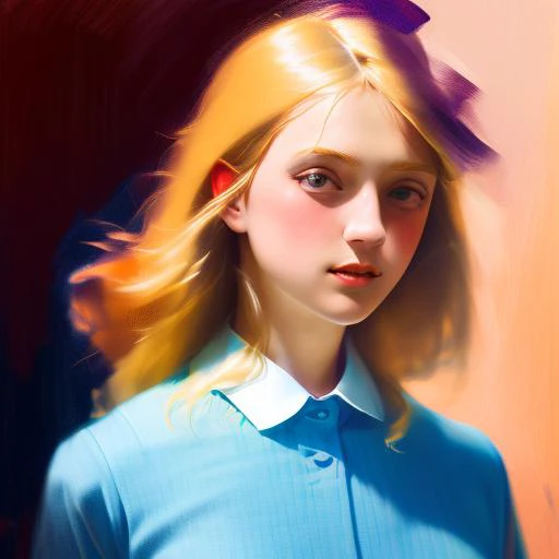 a closeu portrait of blonde girl wearing a blue shirt