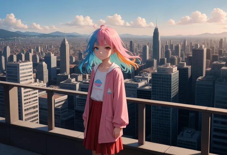 araffe girl with blue and pink hair standing on a balcony overlooking a city