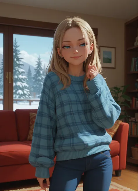 a woman in a blue sweater and jeans standing in a living room