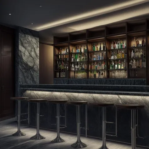 ((best quality)), ((masterpiece)), ((realistic)), (detailed), futuristic apartment tower, granite, wall-mounted sconces, bar lig...