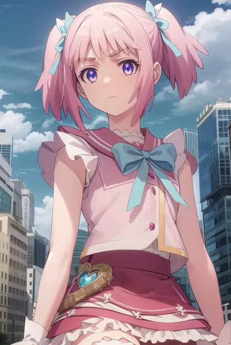 mamikakirameki, <lora:mamika kirameki s1-lora-nochekaiser:1>,
mamika kirameki, twintails, (purple eyes:1.1), pink hair,
BREAK skirt, gloves, magical girl, bike shorts, heart, bow, blue bowtie, puffy sleeves, frills,
BREAK outdoor, city, sky, buildings, sun...