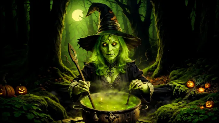 An evil old witch hag stirring a bubbling cauldron in a scary mossy nightmare forest at night on Halloween. Green Skin  <lora:coloredSkin-08:0.8> <lora:EdobHorrorLandscape_v1.0:0.8> EdobHorrorLandscape <lora:Halloween:0.8> incrshlwn, halloween, halloween c...