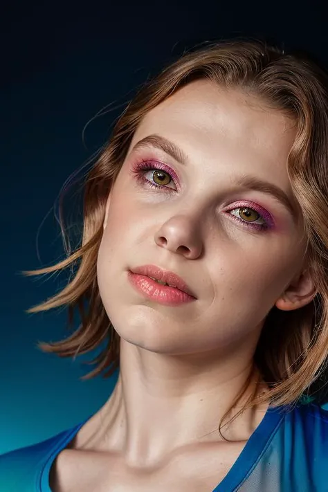 portrait of skswoman, coy , wearing greytank top , with Straight hair , background blue gradient (photo, studio lighting, hard light, sony a7, 50 mm, matte skin, pores, colors, hyperdetailed, hyperrealistic), <lyco:Millie Bobby Brown:1.2>