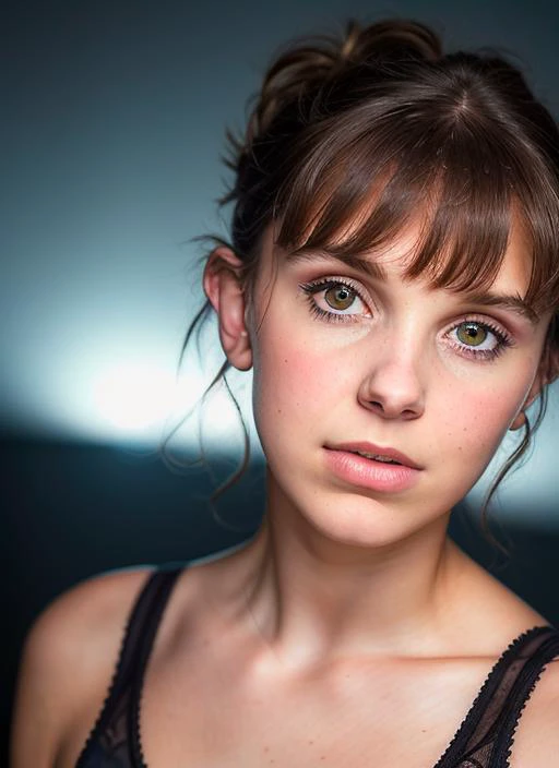 portrait of skswoman, tired , wearing intimates , with Side-swept bangs , background war epic (photo, studio lighting, hard light, sony a7, 50 mm, matte skin, pores, colors, hyperdetailed, hyperrealistic), <lyco:Millie Bobby Brown:1.1>