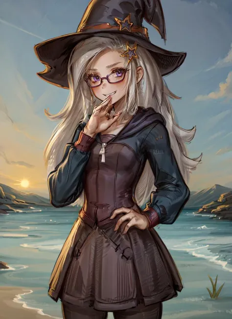 a woman in a witch hat and glasses standing on a beach