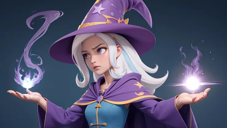 a close up of a woman in a purple hat holding a magic wand