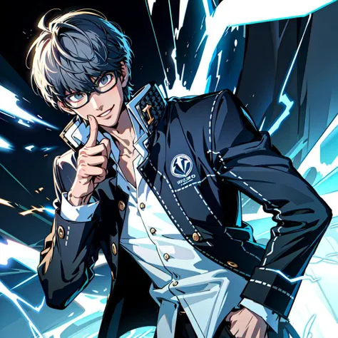 (masterpiece, best quality, ultra-detailed, highres), lightning background, dynamic angle,
1boy, narukami yu, 
glasses, school uniform, open clothes, jacket, shirt, black pants,
seductive smirk, thumbs up, put one hand in your pocket,
<lora:persona4_naruka...