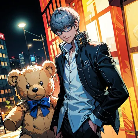 (masterpiece, best quality, ultra-detailed, highres), in the city at night, dynamic angle, (illustration:1.4),
1boy, narukami yu, 
glasses, school uniform, open clothes, jacket, shirt, black pants,
put one hand in your pocket, smile, (teddy bear),
<lora:pe...