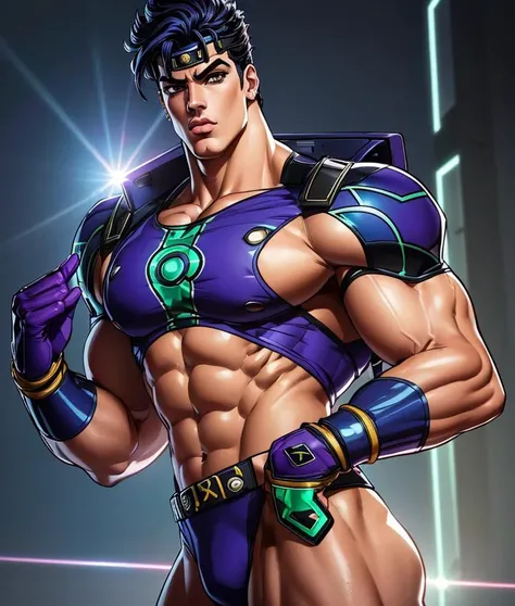 muscular man wearing techwear fashion,  <lora:HirohikoArakiJoJo:0.7> in the style of hirohiko araki,jojos bizzare adventure, <lora:jotaro:0> kujo jotaro, (8k, RAW, best quality, masterpiece:1.2),  ultra high res, ultra-detailed , professional lighting, pho...