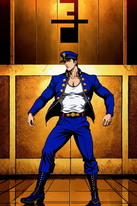 cinematic, movie still, in the style of hirohiko araki, In this scene from JoJos Bizarre Adventure: Stardust Crusaders, the character Jotaro Kujo is emphasized. Jotaro is a tall, muscular young man with sharp features and a tough, no-nonsense demeanor. He...