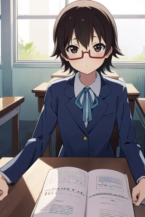 nodokamanabe, <lyco:nodokamanabe-LYCORIStest:1>,
nodoka manabe, (brown eyes:1.5), brown hair, glasses, red-framed eyewear, semi-rimless eyewear, short hair, under-rim eyewear, (flat chest:1.2),
BREAK sakuragaoka high school uniform, school uniform,
BREAK l...