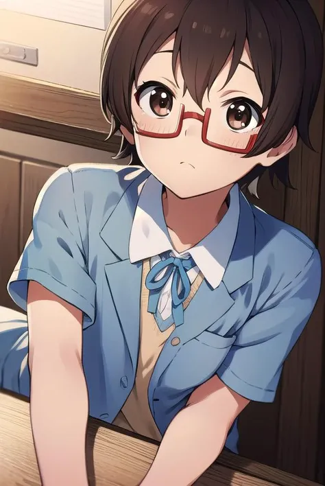 nodokamanabe, <lyco:nodokamanabe-LYCORIStest:1>,
nodoka manabe, (brown eyes:1.5), brown hair, glasses, red-framed eyewear, semi-rimless eyewear, short hair, under-rim eyewear, (flat chest:1.2),
BREAK sakuragaoka high school uniform, school uniform,
BREAK l...