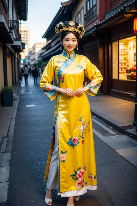 best quality, masterpiece, (photorealistic:1.4), 1girl, light smile,(full body:1.2),the chinese manchu qizhuang,the chinese manchu headdress,street background,yellow qizhuang,<lora:qizhuang-000003:0.7>