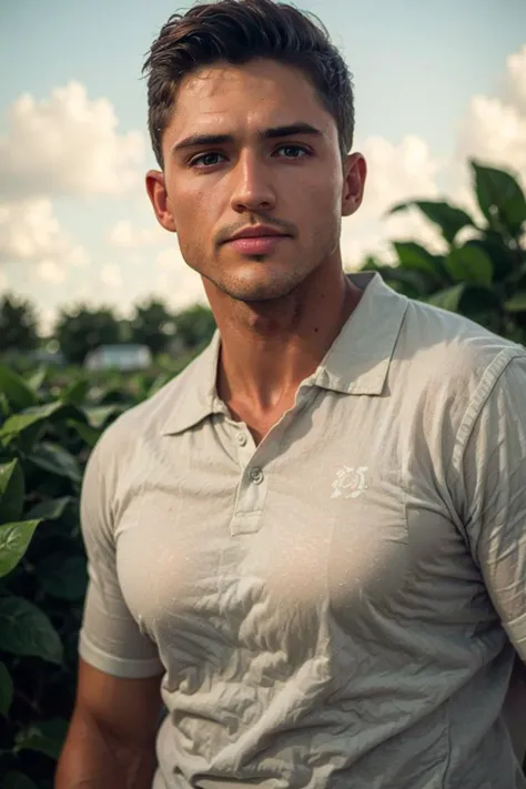 ((masterpiece)), ((best quality:1.2)), High Resolution, 8k, (ultra_realistic:1.3), (photorealistic:1.4), (instagram model, handsome:1.2), sharp focus, a photo of (nicktopelkm), wearing simple shirt with print, farming, rural place, rice field, outdoors, da...