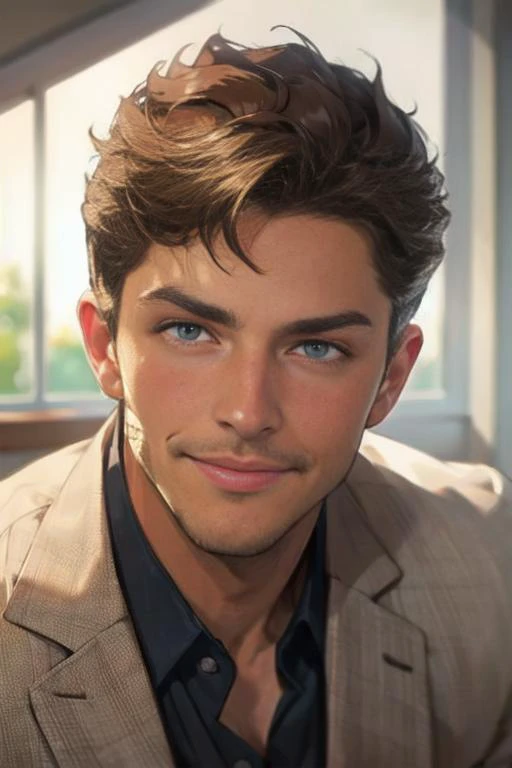 Disney, animation, expressive eyes, perfect face, 
1man, handsome man, looks like Nick Topel, nicktopelkm, formal clothes, happy expression, smirk, POV, from above, 
close up shot, detailed background, cozy bedroom, depth of field, daytime, sunshine, 
 <lo...