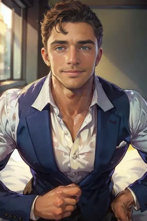 Disney, animation, expressive eyes, perfect face, 
1man, handsome man, looks like Nick Topel, nicktopelkm, formal clothes, happy expression, smirk, POV, from above, 
close up shot, detailed background, cozy bedroom, depth of field, daytime, sunshine, 
 <lo...