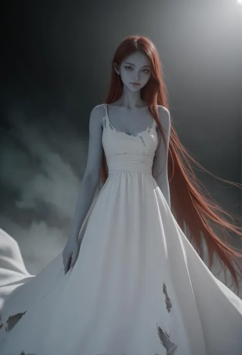 a woman with long red hair standing in a white dress