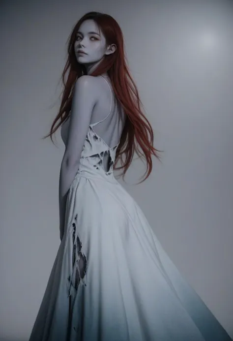 a woman with red hair and a white dress is posing