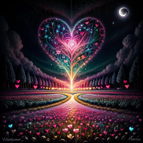 ValentineNatureStyle,flower,outdoors,sky,tree,no humans,night,grass,star (sky),heart shaped stars,heart shaped moon,nature,night sky,scenery,starry sky,field,colorful
,heart shaped flower,valentine,  <lora:ValentineNatureStyle:1>, <lora:add_detail:0.8> <lo...