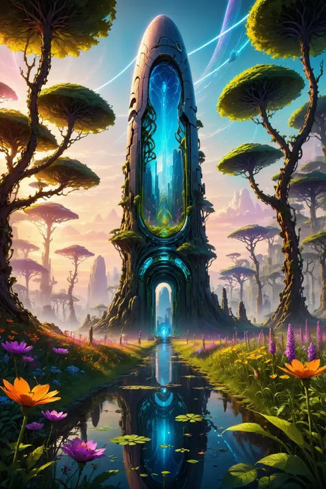 neon_style, Imagine a digital artwork that combines the essence of a Techno-Natural Utopia with the mystique of an Ancient Monolith. In this utopian landscape, advanced technology and lush alien vegetation coexist in perfect harmony. At the center of this ...