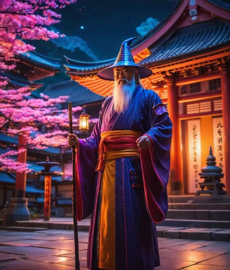 <lora:Neon_Style_XL:0.3> neon_style, full body, (masterpiece), best quality, highres, 4k, 8k, amazing quality, amazing shading, soft lighting, wizard, japanese temple