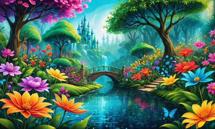 a painting of a beautiful garden with flowers and a bridge