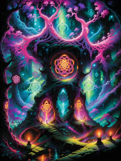 a psychedelic illustration of a tree with glowing lights and a man standing in front of it