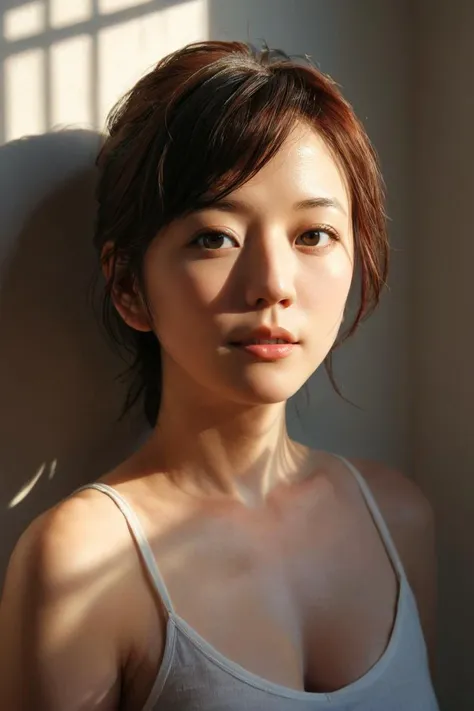 a close up of a woman with a white tank top and a window