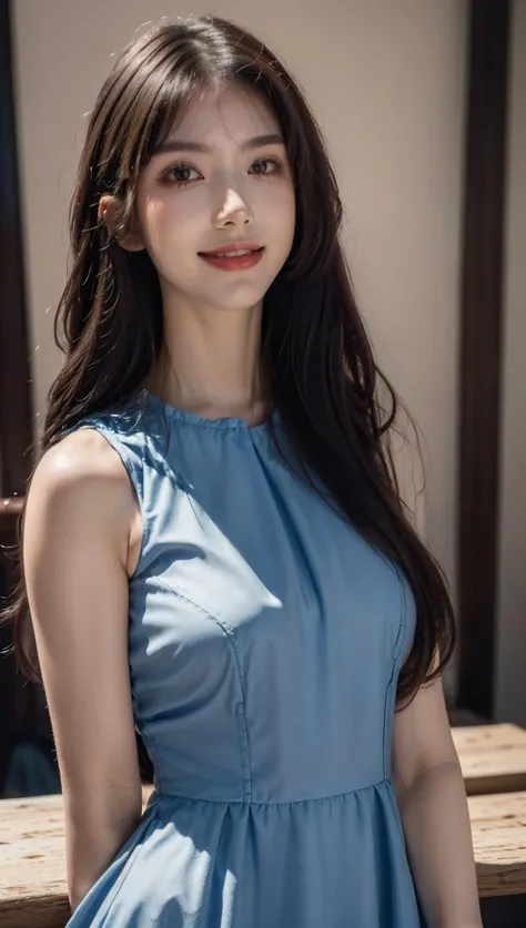 (8k, RAW photo, best quality, masterpiece:1.2), (realistic, photo-realistic:1.2), (photorealistic:1.4), (ultra high res, raw photo:1.4), ultra-detailed, a girl, perfect face, smile, (upper body:1.3), arms at sides, (blue dress:1.4), (softlight:1.2), (profe...