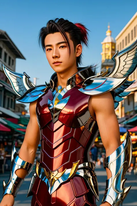 <lora:pegasus_v1:1> masterpiece of photorealism, photorealistic highly detailed 8k photography, best hyperrealistic quality, volumetric lighting and shadows, young man in pegasus saint_armor, bun dark red, Night Markets, Static Shot with Changing Seasons