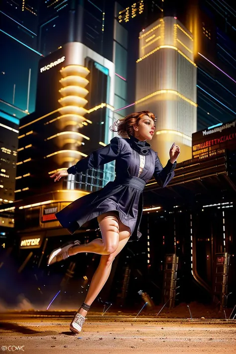 from below,  in a 1937 retrofuture fascist metropolis, dense art deco downtown full of skyscrapers, neon, searchlights, attractive [woman| j3nn1f3r8] solo, running away from (attacking autonomous streamline chrome aerial drones (at night) firing machine gu...