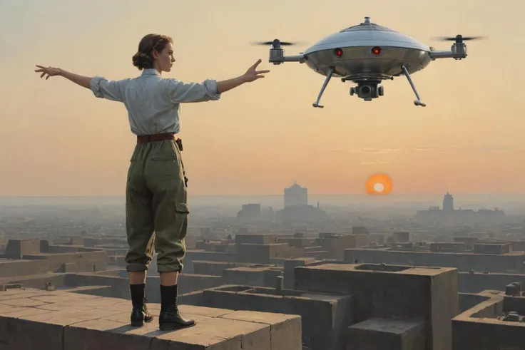 1 girl, half length, a beautiful woman with big breasts in khaki striped canvas coveralls and boots on a wide rooftop expanse, admiring her levitating cute purse-sized  prototype autonomous quadcopter rone, streamline moderne, (visible air shimmer  and  an...