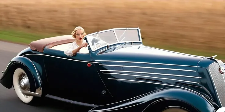 beautiful woman driving a  long low, streamline moderne convertible car,  top down, from front, circa 1933, female focus
 <lora:Decopunk_XL:1> Decopunk XL