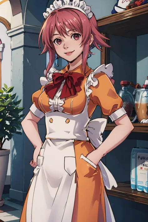 <lora:OnoeSerika:0.8> OnoeSerika
masterpiece, best quality, absurdres, ((cafe)), looking at viewer, smile <lora:attire_aa_waitress-10:1> tresbien, orange dress, hands in pockets