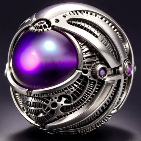 a silver and opal mechanical orb,  giger style,  <lora:silvercarvingcd_xl-000005:1> silvercarvingcd_xl , purple aura,