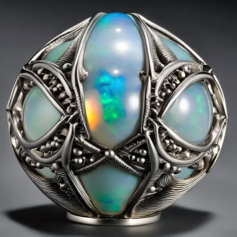 a silver and opal mechanical hexegonal orb,  giger style,  <lora:silvercarvingcd_xl-000005:1> silvercarvingcd_xl ,