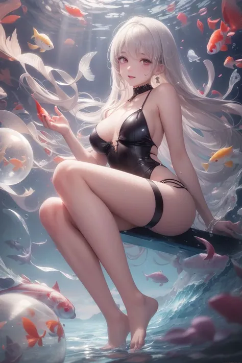 [(Transparent background:1.5)::5],(((masterpiece))),(((best quality))),(((extremely detailed))),illustration, 1girl,solo,mysterious,vivid color,shiny, underwater transparent sealed hemispherical glass dome, white hair,red eyes, full body,barefoot,long hair...