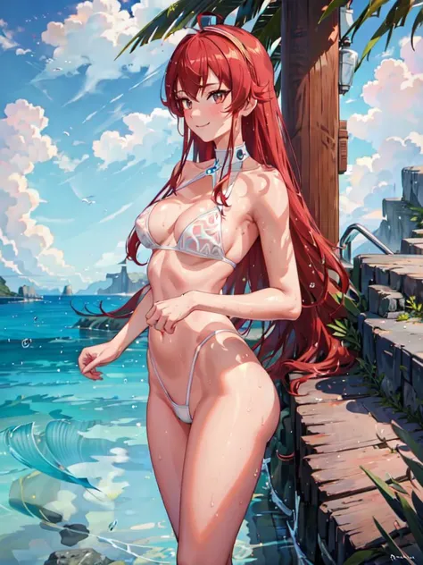 (1girl, Eris Boreas Greyrat:1.2), bikini, (smiling:1.2), (swimming pool:1.3), (submerged:1.3), (full body:1.2), (beautiful detailed face:1.2), (beautiful detailed eyes:1.2), (detailed hair:1.2), (detailed skin:1.2), (looking at viewer:1.2), (sunlight:1.2),...