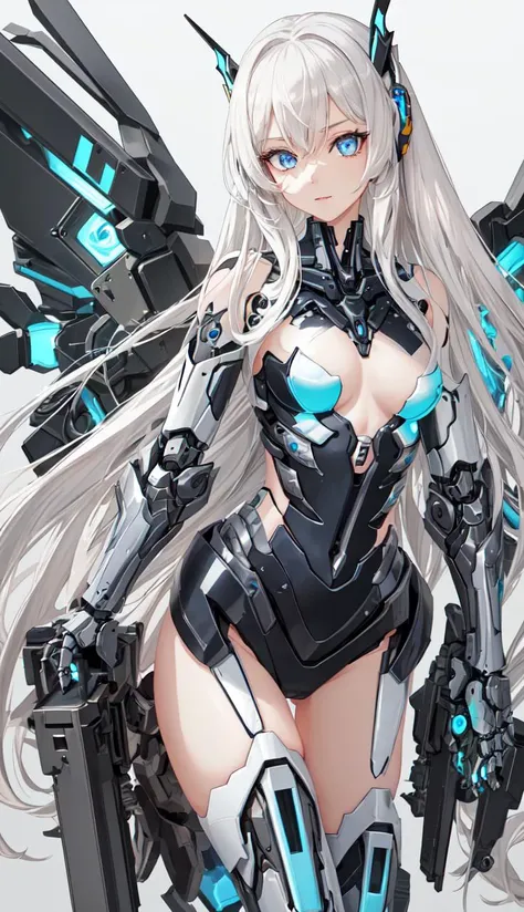 masterpiece, best quality, glowing eyeslong hair with long locks,white_hair,Light blue_eyes,white_thighhighs,small_breasts,{{Mechanical wing}},{{Metal wings}},{{Mecha wing}},{mecha clothes},robot girl,beautiful detailed face,Mechanical-arm,((beauty detaile...