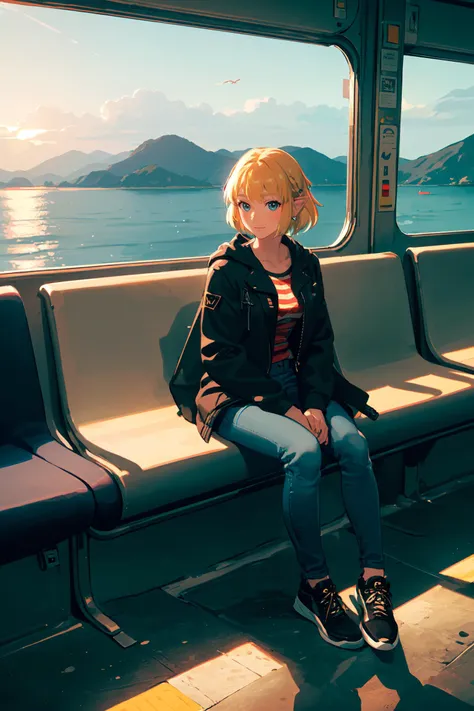 (1girl backlighting, looking at viewer, (black sneakers), wearing blue jeans, jacket, striped shirt, train, sitting on train, passing the sea, calm sea, sitting down on bench), (masterpiece, high quality, detailed background), light smile, peaceful, golden...