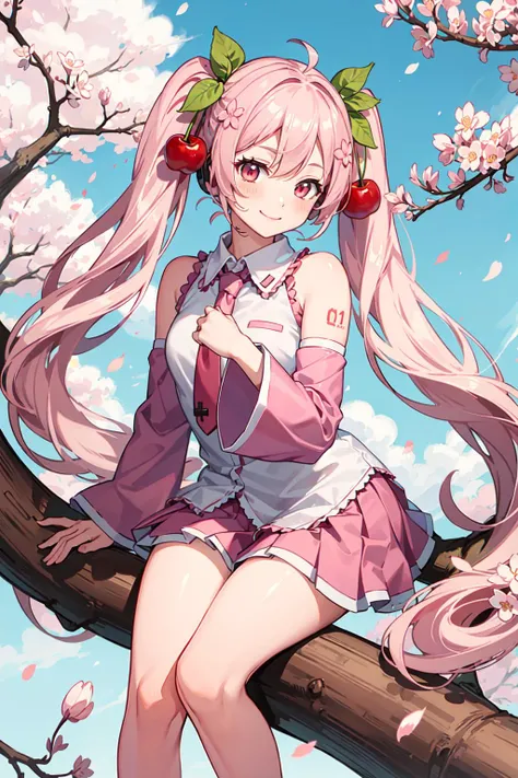 <lora:hatsunemiku1-000006:0.7>, sakuramiku, upper body, smile, blush, sitting, facing viewer, ((cherry blossoms)), sitting in tree, (pink sleeve), full body,