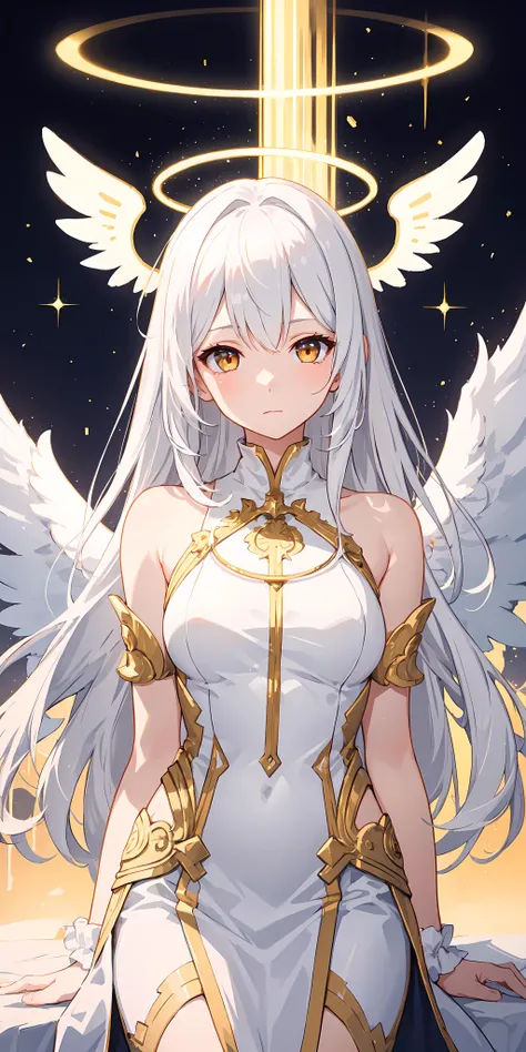 ****, illustration,heaven background, 1girl, white hair, golden eyes, long hair, halo, angel wings, serene expression, looking at viewer