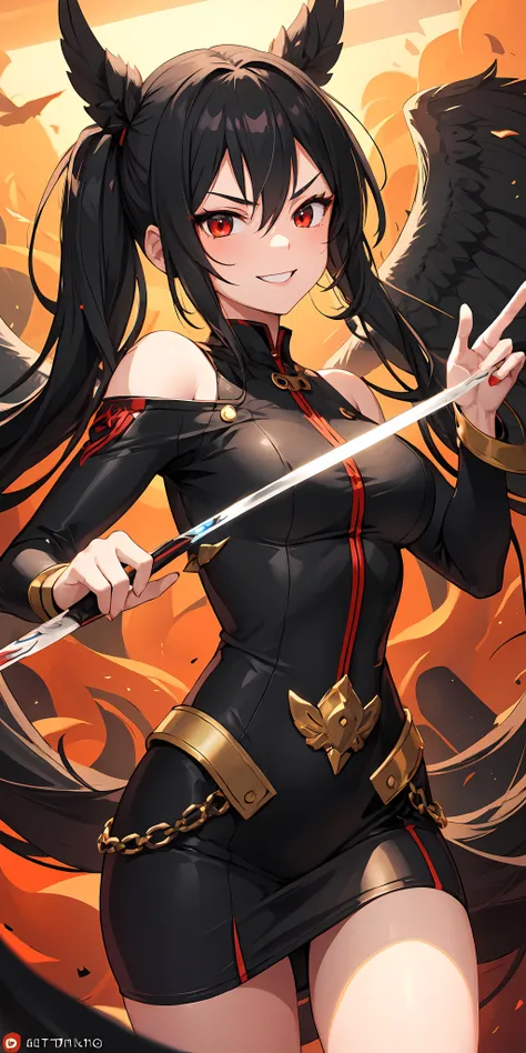 1girl, black hair, red eyes, evil smile, shaded face