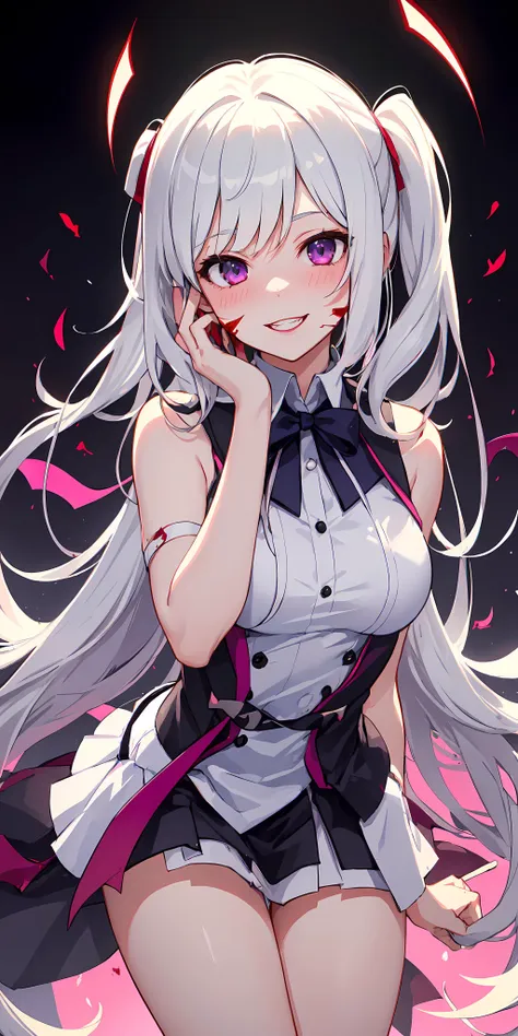 1girl, (yandere:1.4), (yandere trance:1.4), crazy, blood on face, backlighting, looking at viewer, white hair, purple eyes, blush, smile, yandere simulator, glowing eyes, evil smile, (shaded face:1.2),