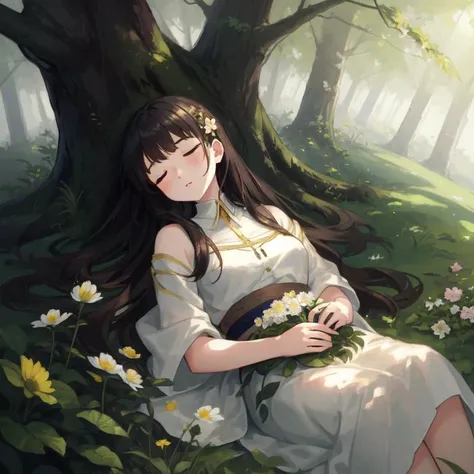 masterpiece, high quality, high resolution,  1 girl, lenaing to a tree, sleeping, forest, leaves, grass, flowers, sunshine