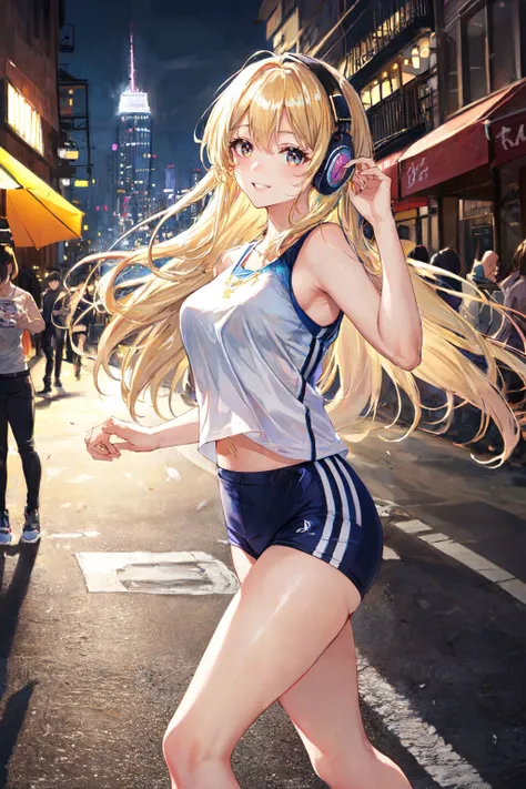 RAW photo, beautiful 20 yo girl running and listening to music on headphone, smiling and looking at viewer, long blonde hair, wearing sportswear, outdoors, cityscape, detailed background, (high detailed skin:0.8), 8k uhd, dslr, soft lighting, HDR, warm lig...