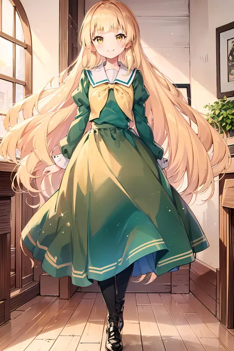 <lora:LoRA_Shiraki_Hime:1>, Shiraki Hime, 1girl, long hair, blonde hair,  green dress, black skirt, black footwear, smile, dress,  shoes, standing,