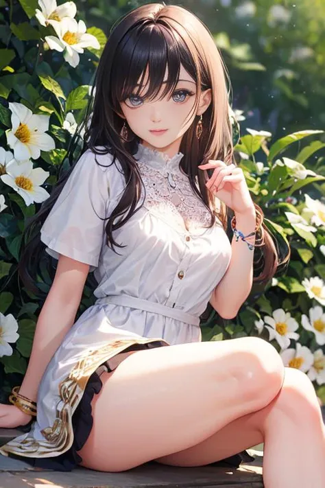 (Best Quality:1.4),Solo,(PhotoRealistic:1),( beautiful detailed eyes, symmetric eyes,),<lora:misakinakamura:0.3>Long hair,Bangs,<lora:ruffled dress v4.3:0.7>,rfdrss,Bracelets,Lace Trimmed,Short Sleeves,Short Dress,SunShine,Flowers,Thigh,Breasts,<lora:detai...